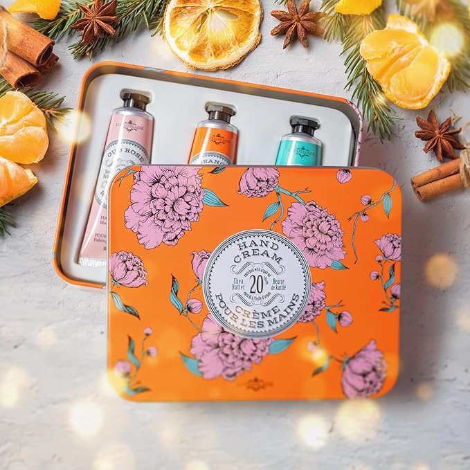 La Chatelaine Hand Cream Trio Tin, Holiday Gift Set, Natural Hand Lotion, Made in France with 20% Organic Shea Butter, Nourishing (Gardenia or Coconut Milk, Orange Blossom, Oud Rose) 3 x 1 fl. oz LaChatelaine
