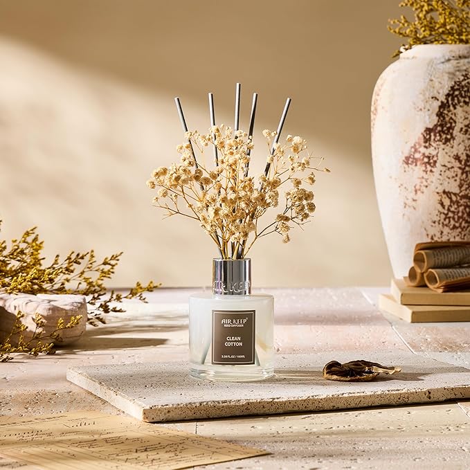 Airkeep Reed Diffuser Set,3.38 fl oz (100 ml) - Clean Cotton Oil Diffusers with 8 Reed Sticks, Home Fragrance Reed Diffuser for Bathroom Shelf Decor Airkeep