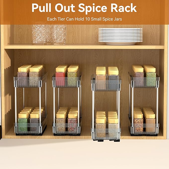 2 Pack Pull Out Spice Rack Organizer for Cabinet, 2 Tier Slide Out Spice Racks Organizer, Spice Cabinet Organizers, Cabinet Size Need:12'' High x 11'' Deep x 5'' Wide, Clear Acrylic DABIGE