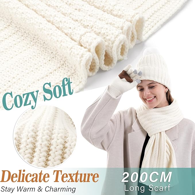 Womens Winter Warm Beanie Hat Long Neck Scarf Touchscreen Gloves Set Knit Skull Caps Pompom Fleece Gifts FZFANTASTICZONE