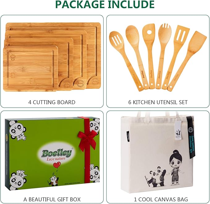 Durable Wooden Cutting Boards for Kitchen-Bamboo Cutting Board Set with Juice Groove-Charcuteries & Chopping Butcher Block for Meat,Vegetables,Fruits Serving ideas Home Cooks Kitchen Gift 11-Piece Boelley