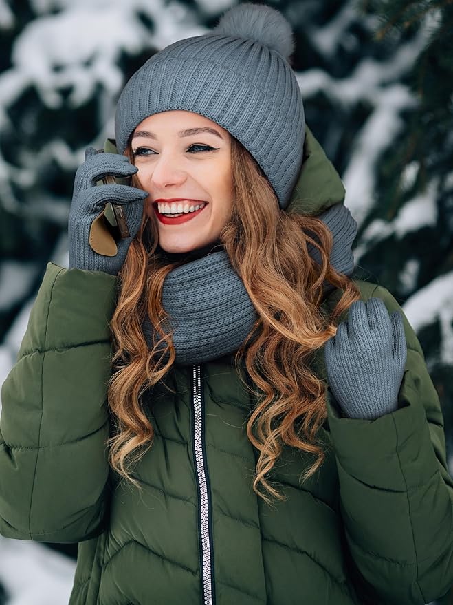 LOROME Women Winter Beanie Hat Scarf Gloves Set, Fleece Knitted Pompom Hat Warm Neck Scarf Touchscreen Gloves Winter Gift LOROME