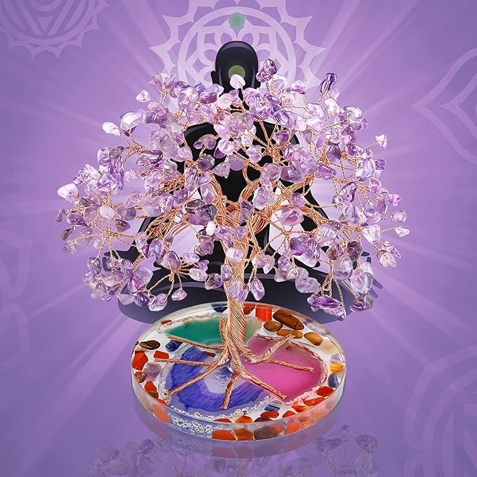 ZenBless 7 Chakra Healing Crystal Stones Tree, Amethyst Leaf Wire Wrapped on Natural Agate Slice Base, Home Office Desk Living Room Feng Shui Decoration for Wealth and Luck ZenBless