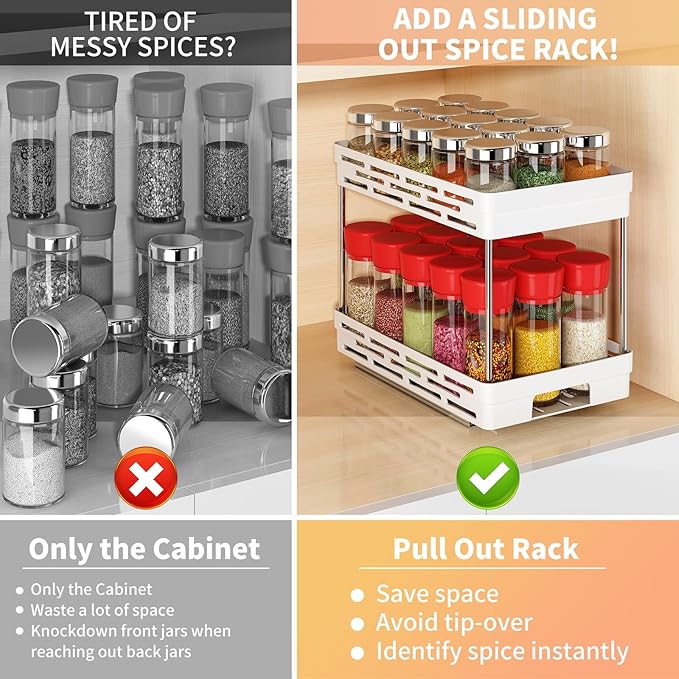 Pull Out Spice Rack Organizer for Cabinet, 2 Pack Widen Slide Out Spice Racks Organizer, Spice Cabinet Organizers, Cabinet Size Need:12'' Highx11'' Deepx6.75'' Wide,Hold 15 Spice Jar Each Tier-2Tier DABIGE