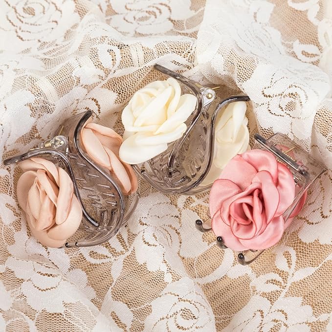 3 Pack Small Hair Clips, Camellia Claw Clips for High Ponytail,Flower Hair Accessories Travel Beach Holiday Birthday Gift for Mother Girl Thick Thin Long Hair(Pink Champagne White) Agirlvct