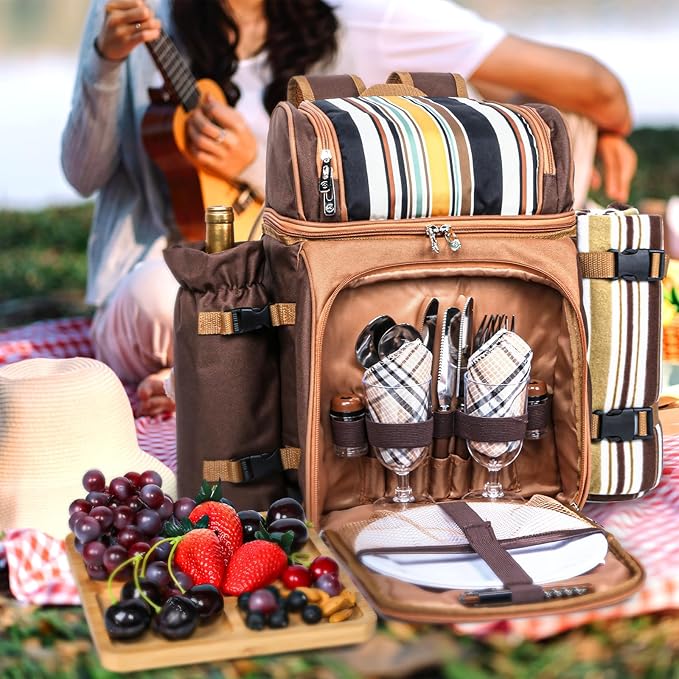 Hap Tim Picnic Basket Backpack for 2 Person with Blanket, 2 Charcuterie Board, Engagement Gifts for Couples, Gifts Ideals for Wedding, Housewarming, White Elephant, Bridal Showers HapTim