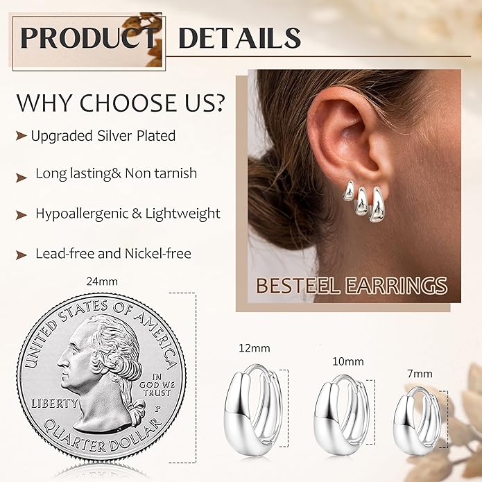 BESTEEL 3Pairs 14K Gold Plated Hoop Earrings Set for Women Chunky Earring Silver Plated Hypoallergenic Small Huggie Hoops Lightweight Tiny Thick Trendy Hoop Earrings Stacks for Multiple Piercing BESTEEL