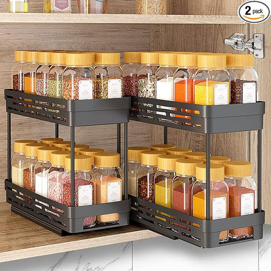 2 Pack Pull Out Spice Rack Organizer for Cabinet, Slide Out Spice Racks Organizer, Spice Cabinet Organizers, Cabinet Size Need:12'' Highx11'' Deepx5'' Wide,Hold 10 Spice Jar Each Tier-2Tier, Black DABIGE
