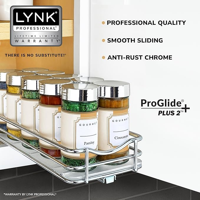 LYNK PROFESSIONAL® Pull Out Spice Rack Organizer for Inside Kitchen Cabinets - 4-3/8 inch Wide - Slide Out Drawer – Chrome Sliding Spice Cabinet Organization Shelf Racks - 1 Tier LYNKPROFESSIONAL