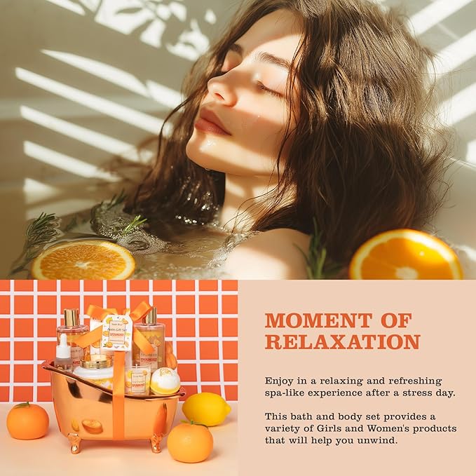 Orange Scents spa gift set Great Gift Lemon Spa Gifts for girls, Body care Set Birthday Gifts, Gift Baskets for Woman, 11pcs Bath Gift Set for Women, Christmas Gifts for Women Citrus Spa Gift Basket SaintRoy