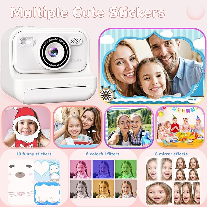 Kids Instant Print Camera,2.4 Inch Screen Kids Instant Cameras, Christmas Birthday Gifts for 3 4 5 6 7 8 9 10 Year Old Girls Boys, Portable Toddler Toy for Girls Age 3-12, White Eaever