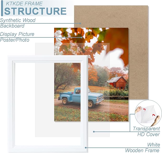 KTKDE 11x14 Picture Frame Set of 5,White Wooded Shatter Resistant Glass, Vertical & Horizontal Wall Hanging for Wall Display,Studio Gallery Photo Frame for Photos, Posters & Art Prints KTKDE