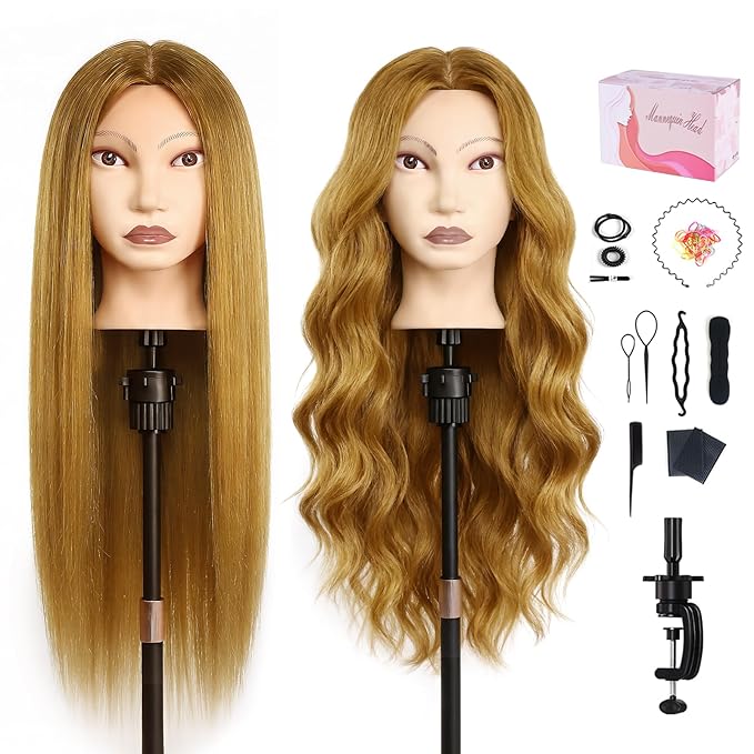 26" Mannequin Head Human Hair, MYSWEETY Cosmetology Mannequin Head with 80% Human Hair, Practice Training Doll Head with Clamp Holder and Tools (Golden) MYSWEETY