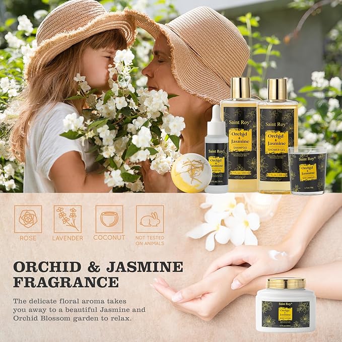 Luxury Home Spa Bath Gift Basket, Spa gift basket Christmas Gifts for Women men, Spa Kit Self-care Gifts, Spa Collection Gift, Orchid Jasmine Bath and Body Gift Pampering Spa Gifts Mother's Day Gift SaintRoy