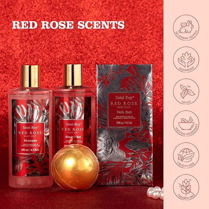 Christmas Spa Gift Set For Women, Birthday Gifts for Her, Spa Gift Basket for Women, Red Rose Bath and Body in Floral Scents Bath Kits, Home Spa Gift Basket, Bath Spa Kit for Mothers day Bath Lotion SaintRoy