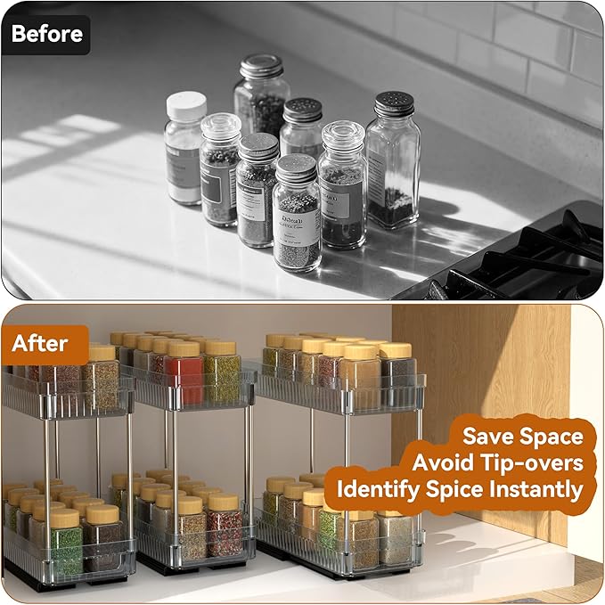 3 Pack Pull Out Spice Rack Organizer for Cabinet, 2 Tier Slide Out Spice Racks Organizer, Spice Cabinet Organizers, Cabinet Size Need:12'' High x 11'' Deep x 5'' Wide, Clear Acrylic DABIGE