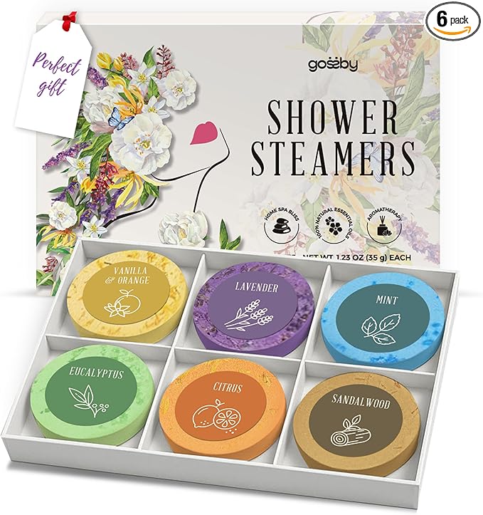 Shower Steamers Aromatherapy GOSSBY 6 Pack - Gifts for Women, Birthday Gifts for Her, Home Spa, Shower Bombs, Self Care, Relaxation, Lavender Essential Oil, Teen Girl Gifts - Serene Essence Style Gossby