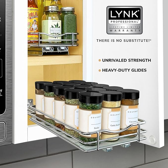 LYNK PROFESSIONAL® Pull Out Spice Rack Organizer for Inside Kitchen Cabinets - 6-3/8 inch Wide - Slide Out Drawer – Chrome Sliding Spice Cabinet Organization Shelf Racks - 1 Tier LYNKPROFESSIONAL