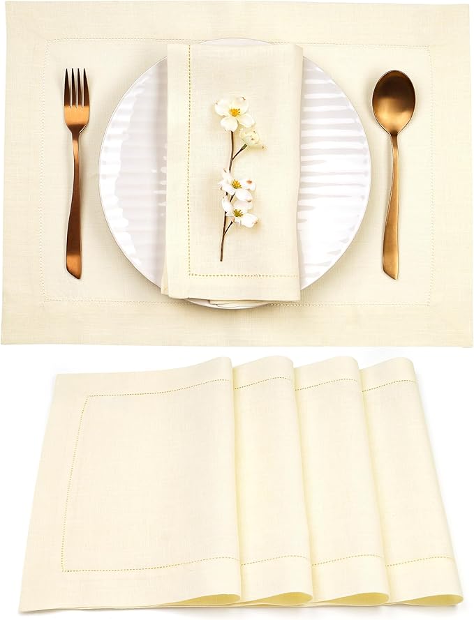 D'Moksha Homes Cream Linen Cloth Placemats Set of 4-100% Pure Linen Hemstitch Placemats 14 x 19 Inch - Classic Hemstitch Table Place Mats for Christmas, Holiday - Handcrafted and Machine Washable DMokshaHomes