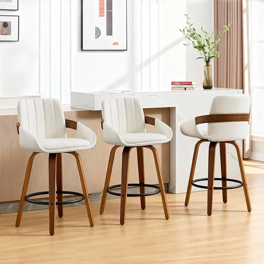 Bar Stools Set of 3, 26" Counter Height Swivel Stools with Back, Walnut Wood Frame, PU Leather, Built-in Footrest, Modern Kitchen Island Chairs – Easy Assembly & Sturdy Design - White VipDesk