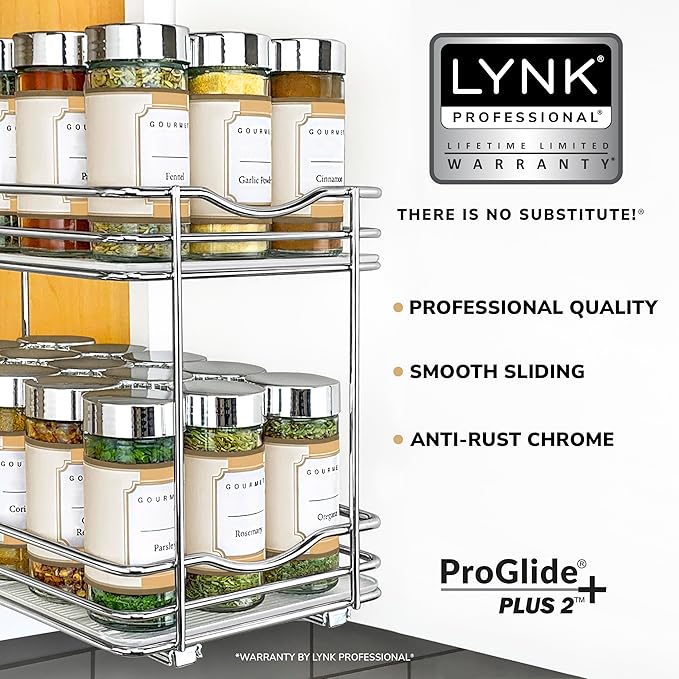 LYNK PROFESSIONAL® Pull Out Spice Rack Organizer for Inside Kitchen Cabinets - 6-3/8 inch Wide - Slide Out Drawer – Chrome Sliding Spice Cabinet Organization Shelf Racks - 2 Tier LYNKPROFESSIONAL