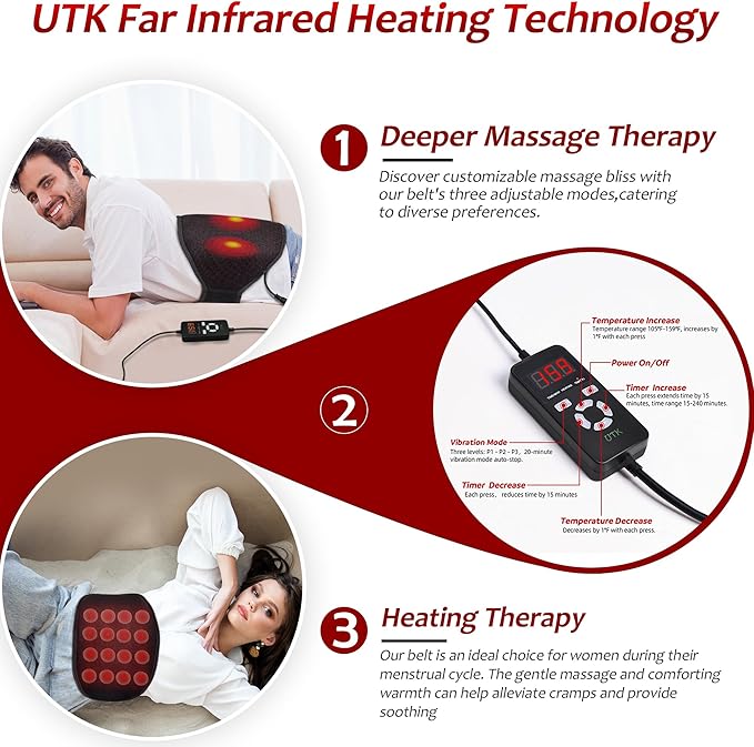 UTK Vibrating Far Infrared Heating Pad for Back Pain Relief, Hot to 159℉, Lower Back Massager Gift for Women Men, FSA-HSA Eligible, 3 Vibration, 16 Timers Auto-Off, 20 Jades, 35-55" Adjustable Size UTK