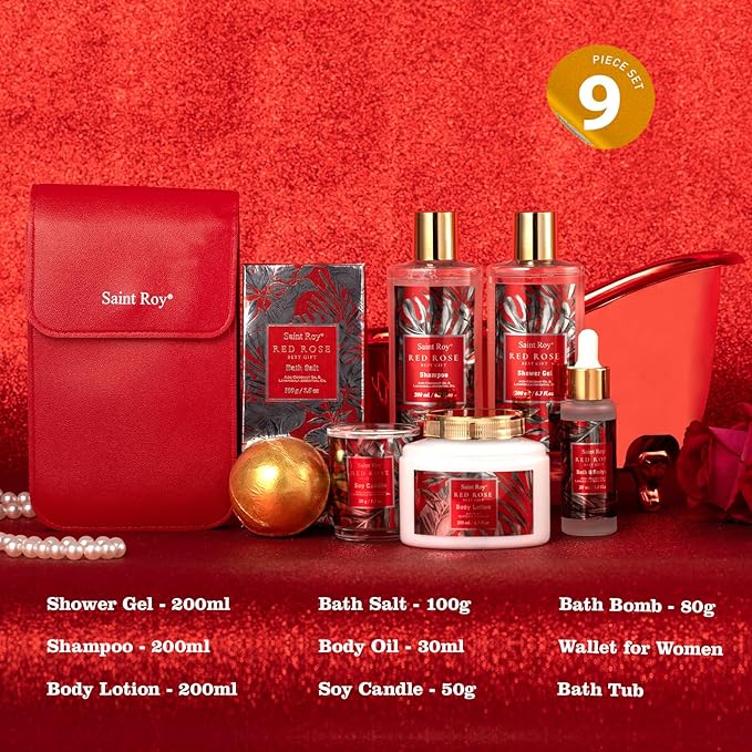 Christmas Spa Gift Set For Women, Birthday Gifts for Her, Spa Gift Basket for Women, Red Rose Bath and Body in Floral Scents Bath Kits, Home Spa Gift Basket, Bath Spa Kit for Mothers day Bath Lotion SaintRoy