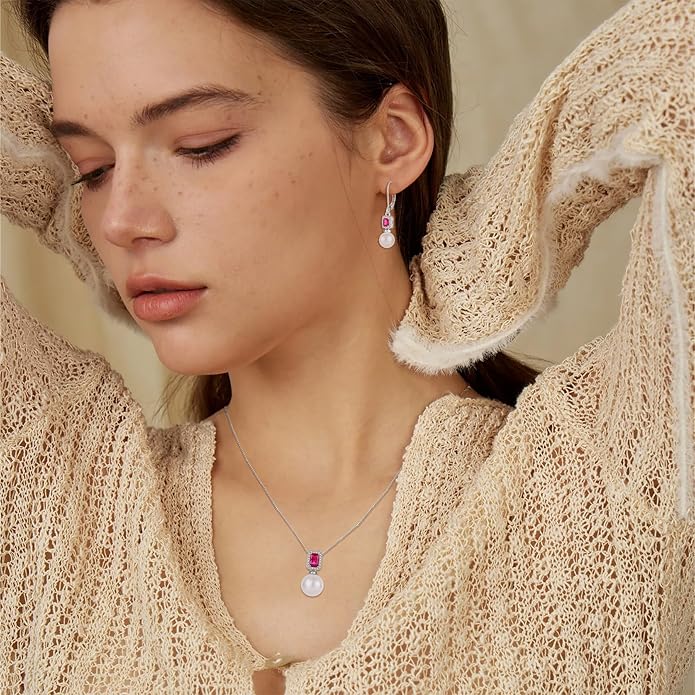 Pearl Drop Earrings Dangling 925 Sterling Silver Emerald Cut Leverback Earrings Birthstone Jewelry for Women INPASNE