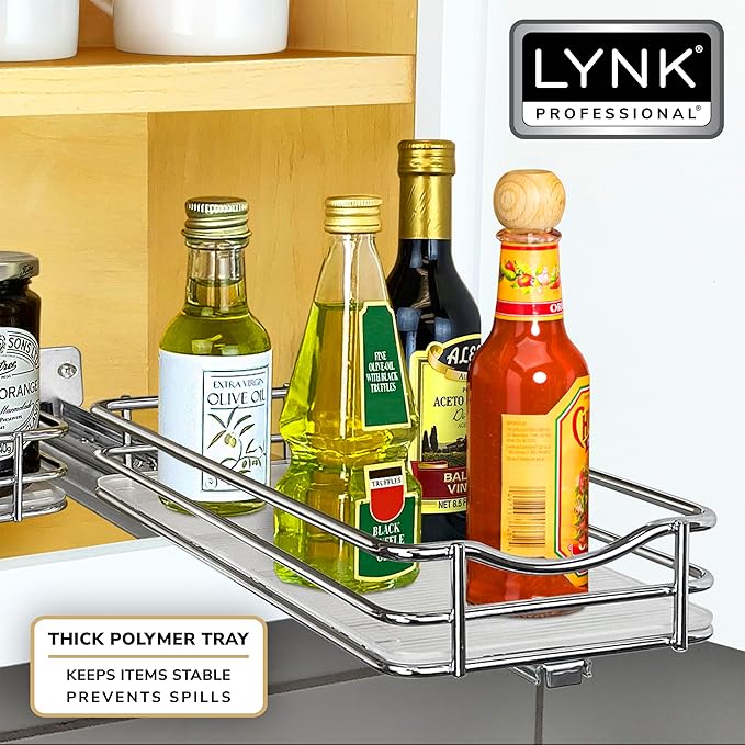 LYNK PROFESSIONAL® Pull Out Spice Rack Organizer for Inside Kitchen Cabinets - 4-3/8 inch Wide - Slide Out Drawer – Chrome Sliding Spice Cabinet Organization Shelf Racks - 1 Tier LYNKPROFESSIONAL