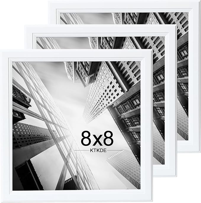KTKDE 8x8 Picture Frame Set of 3, White Wooded, Wall Hanging for Tapletop Display, Best Square Photo Frame Studio Gallery for Photos, Posters & Art Prints KTKDE