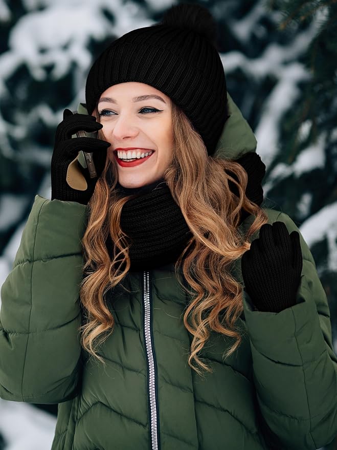 LOROME Women Winter Beanie Hat Scarf Gloves Set, Fleece Knitted Pompom Hat Warm Neck Scarf Touchscreen Gloves Winter Gift LOROME