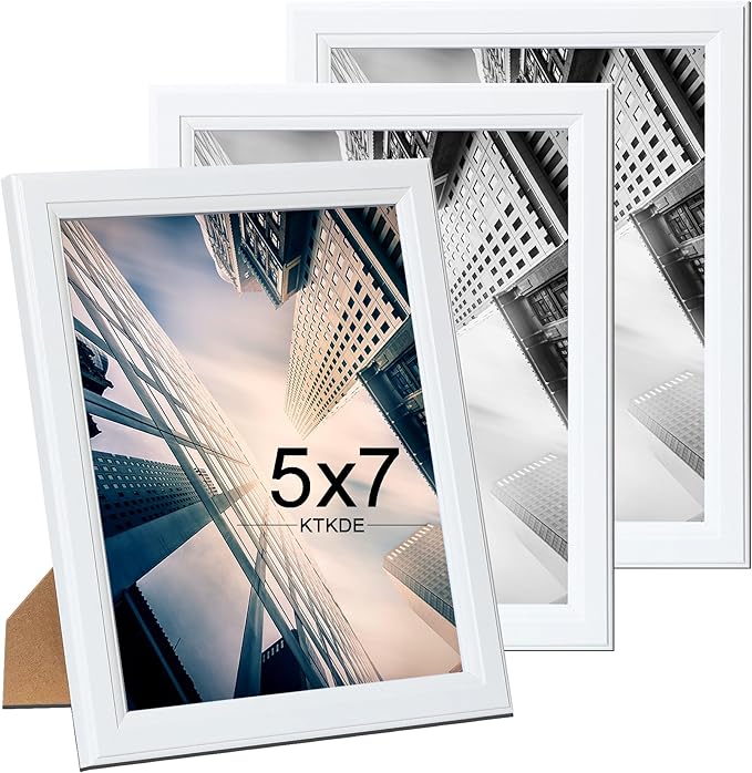KTKDE 5x7 Picture Frame Set of 3,White Wooded Shatter Resistant Glass, Vertical & Horizontal Wall Hanging for Wall or Tapletop Display,Studio Gallery Photo Frame for Photos, Posters & Art Prints KTKDE