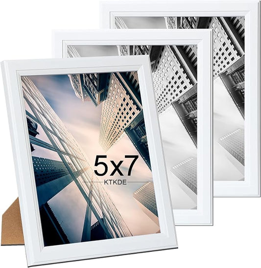 KTKDE 5x7 Picture Frame Set of 3,White Wooded Shatter Resistant Glass, Vertical & Horizontal Wall Hanging for Wall or Tapletop Display,Studio Gallery Photo Frame for Photos, Posters & Art Prints KTKDE