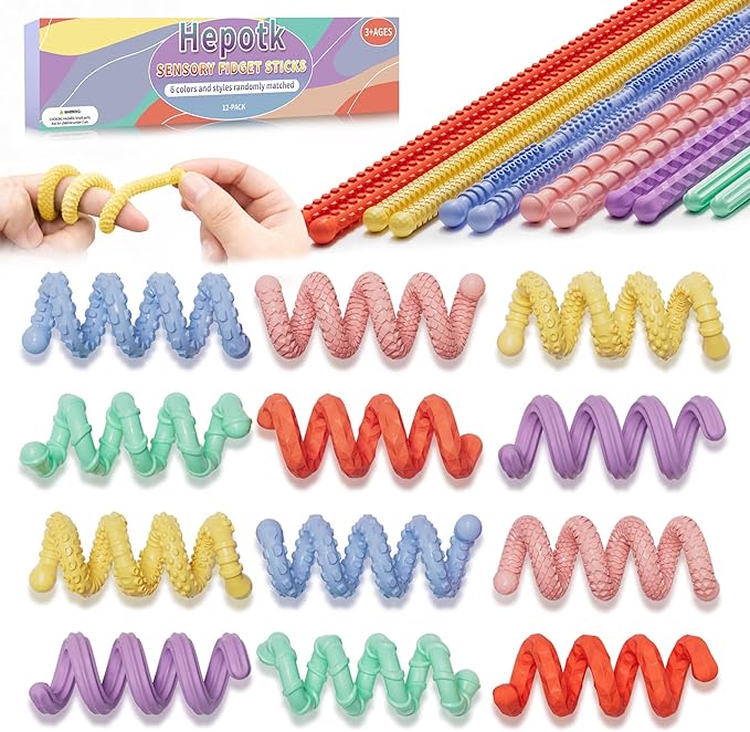 Hepotk Sensory Fidget Sticks - 12PCS Silicone Fidget Toy Pack with Mixed Textures, Random Colors & Styles | Stress Relief Toys for Autistic Kids 3+ & Adults | Must-Have for Travel, School & Home