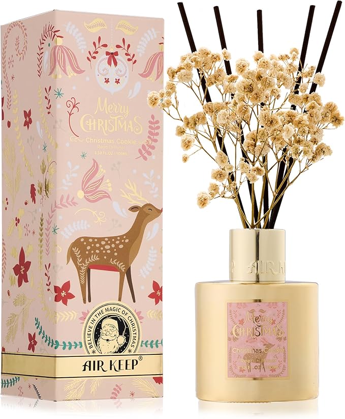 Airkeep Christmas Reed Diffuser Set - 3.38 fl oz (100 ml) Christmas Cookie Oil Diffuser with 8 Reed Sticks, Home Fragrance for Bathroom Shelf Decor Airkeep