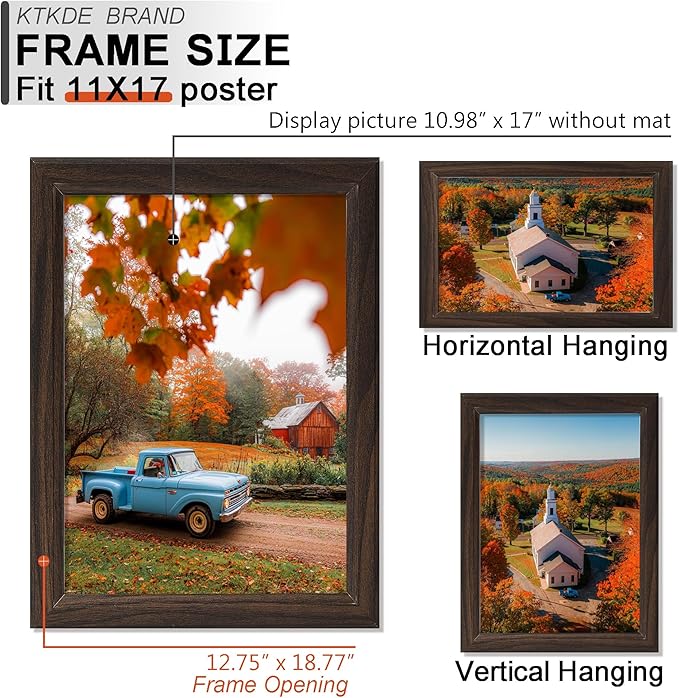 KTKDE 11x17 Picture Frame Set of 5,Walnut Wooded Shatter Resistant Glass, Vertical & Horizontal Wall Hanging for Wall Display,Studio Gallery Photo Frame for Photos, Posters & Art Prints KTKDE