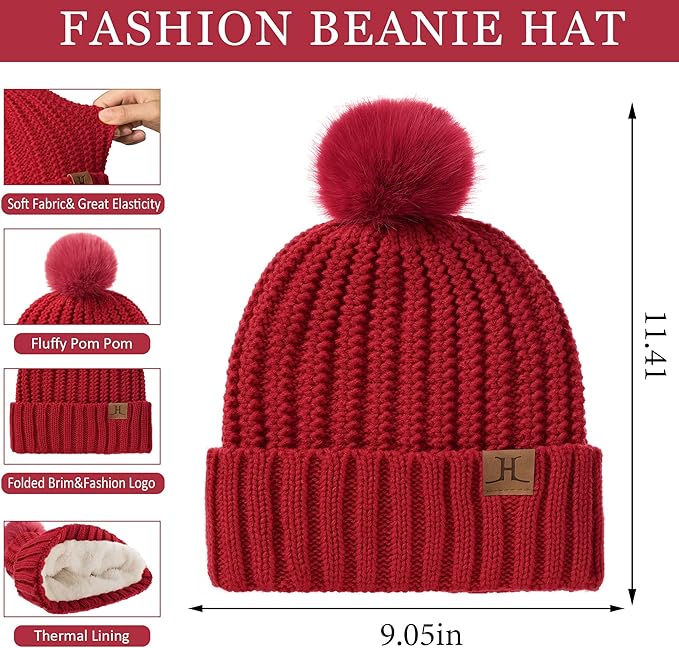 Womens Winter Warm Beanie Hat Long Neck Scarf Touchscreen Gloves Set Knit Skull Caps Pompom Fleece Gifts FZFANTASTICZONE