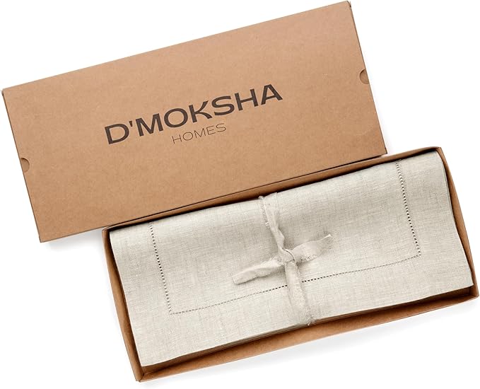 D'Moksha Homes Light Natural Linen Cloth Placemats Set of 4-100% Pure Linen Hemstitch Placemats 14 x 19 Inch - Classic Hemstitch Table Place Mats for Christmas - Handcrafted, Machine Washable DMokshaHomes