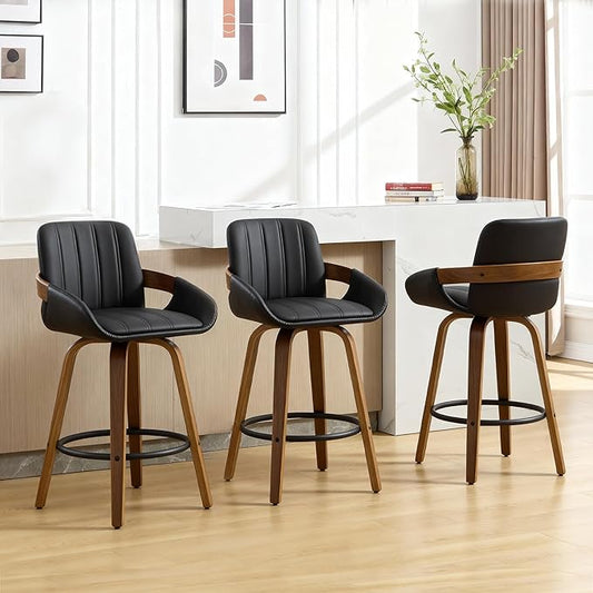 Swivel Bar Stools Set of 3, 26" Counter Height Bar Stools with Back and Arms, Faux Leather Modern Upholstered Bar Chairs with Walnut Frame for Kitchen Island Bar - Black VipDesk