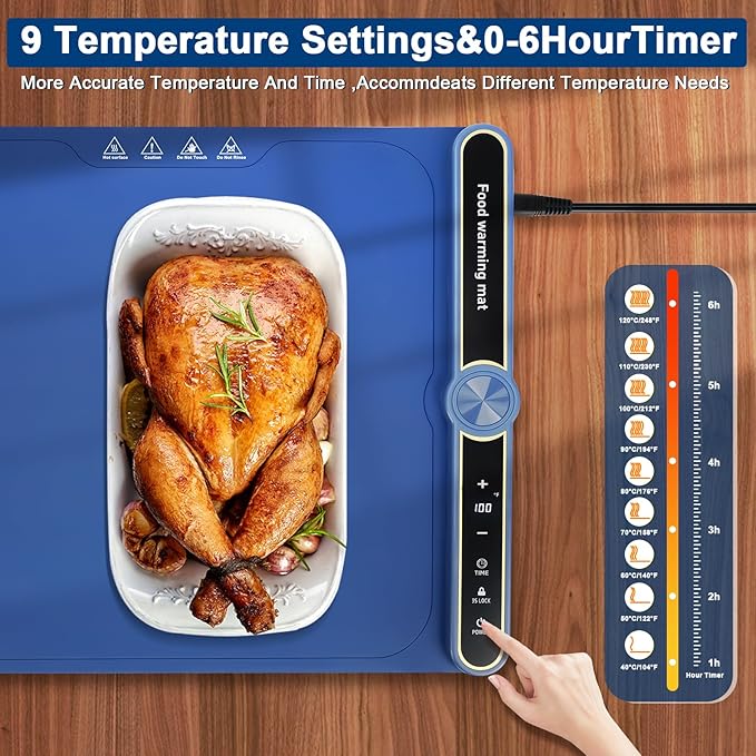 Warming Mat for Food -Food Warmers for Parties Buffet, Electric Warming Tray Full Surface Even Heating with 9-Level Temp Adjustable & 6H Auto Timer, Roll-Up Silicone Heating Pad for Home Travel (Blue) Sweetone