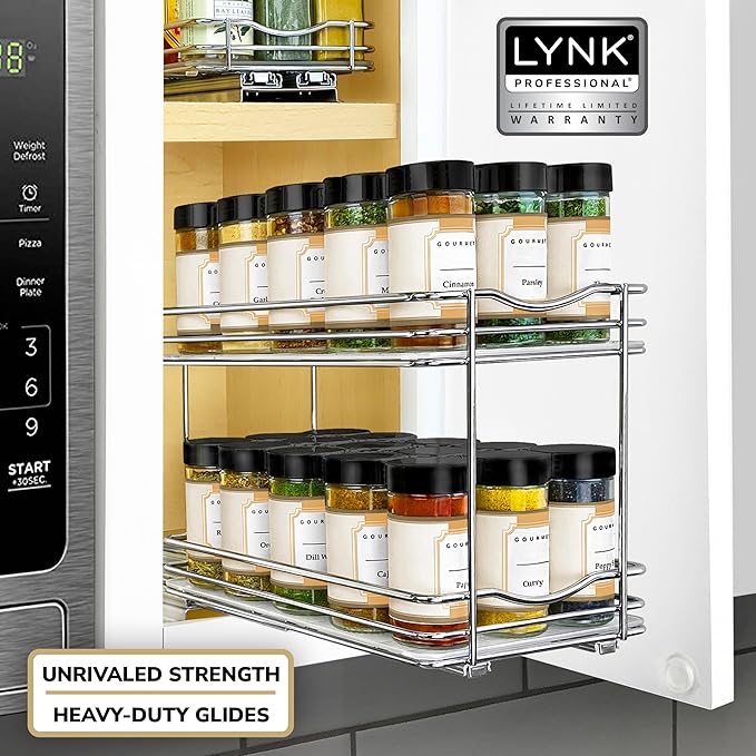 LYNK PROFESSIONAL® Pull Out Spice Rack Organizer for Inside Kitchen Cabinets - 6-3/8 inch Wide - Slide Out Drawer – Chrome Sliding Spice Cabinet Organization Shelf Racks - 2 Tier LYNKPROFESSIONAL