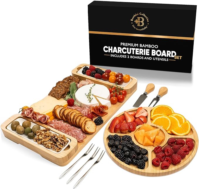 Charcuterie Board Gift Set - Bamboo Cheese Board & Serving Tray for Meat, Cheese, Crackers, Fruit - Large Wooden Charcuterie Boards for Parties - Wedding, Housewarming, Birthday Gifts for Women Bamb%C3%BCsi