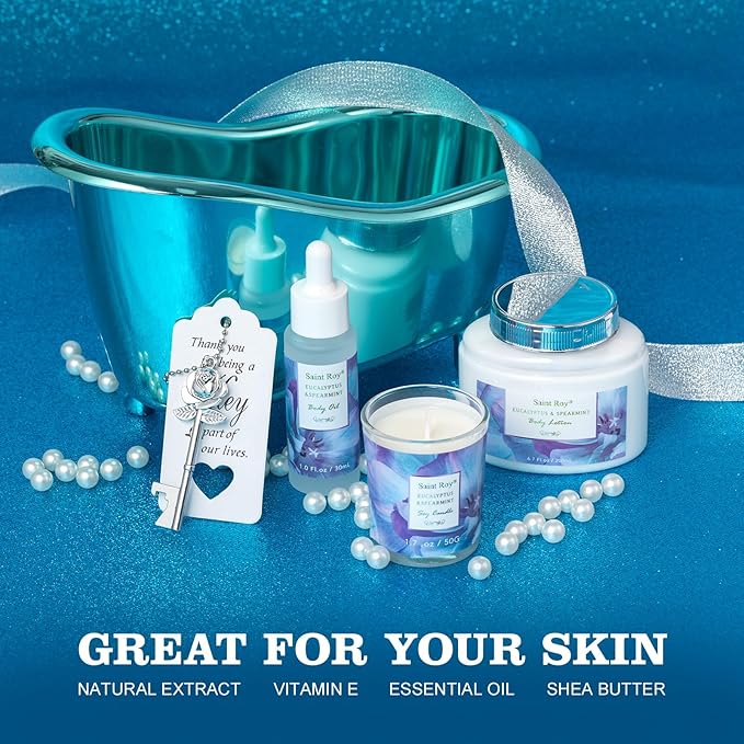 Bath and Body Basket Set Luxury EUCALYPTUS & Mint Spa Gift Basket for Women, Unique Bath Gift Baskets Gifts, Home Spa Kit Christmas Gifts for Women, birthday gift baskets for Dad Mother's Day SaintRoy