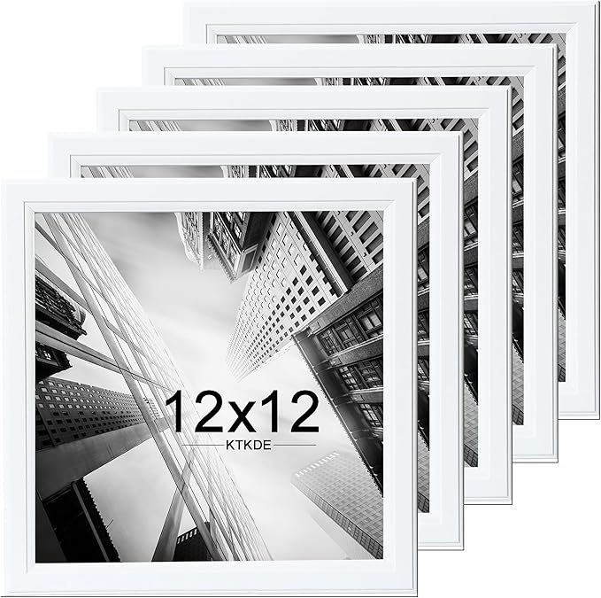 KTKDE 12x12 Picture Frame Set of 5, White Wooded, Wall Hanging Display, Best Square Photo Frame Studio Gallery for Photos, Posters & Art Prints KTKDE