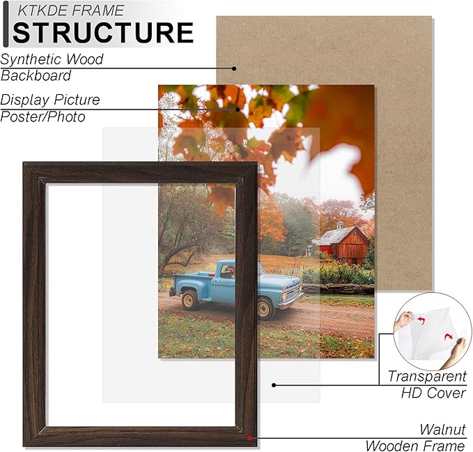 KTKDE 10x12 Picture Frame Set of 3,Walnut Wooded Shatter Resistant Glass, Vertical & Horizontal Wall Hanging for Wall or Tapletop Display,Studio Gallery Photo Frame for Photos, Posters & Art Prints KTKDE