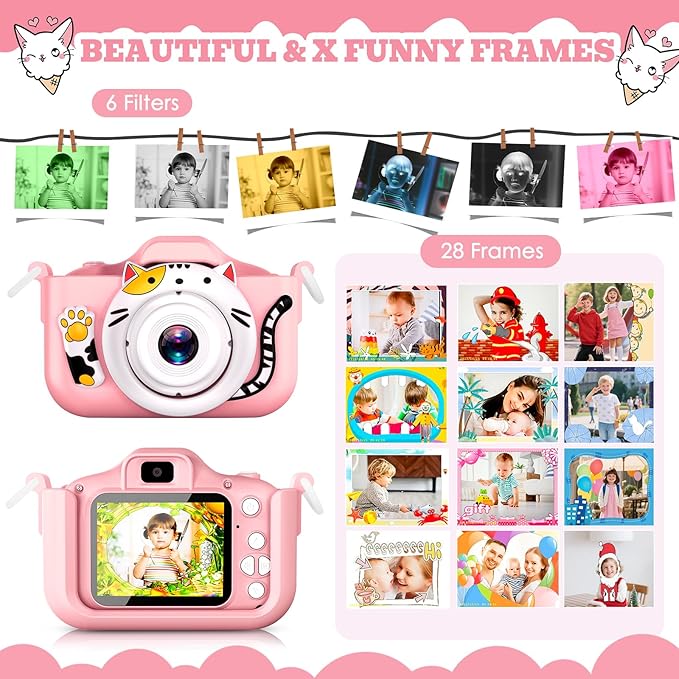 Kids Selfie Camera Toys for 3 4 5 6 7 8 9 10 11 12 Year Old Girls，Christmas Birthday Festival Gift for Kids Camera for Kids Upgrade Digital Camera with 32GB SD Card DITUPAN