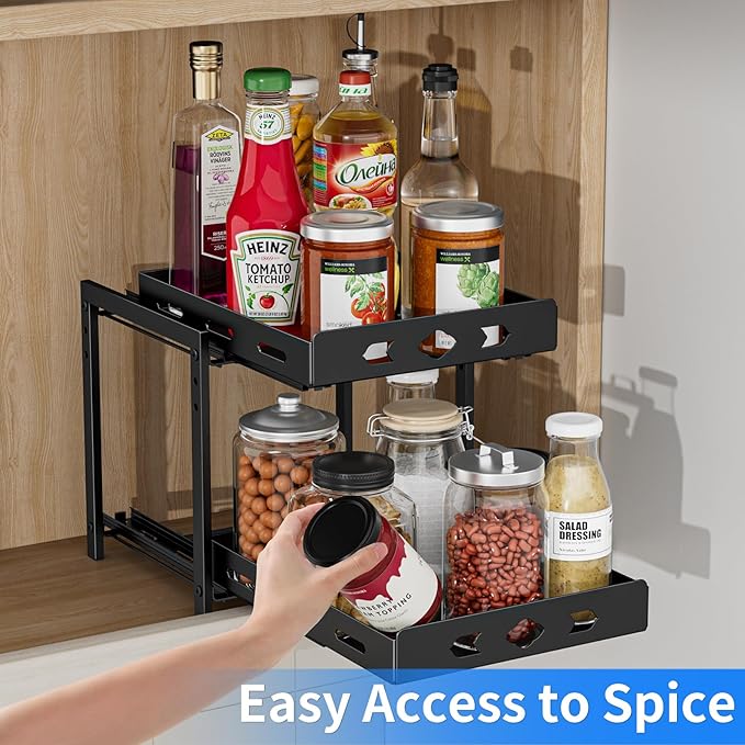 Pull Out Spice Racks for Inside Cabinets, 2-Tier Cabinet Spice Rack, Height Adjustable Spice Rack Organizer for Cabinet, Kitchen Vertical Spice Rack (9.7''Wx10.8''Dx9.2''H, Metal Black) BOIVSHI