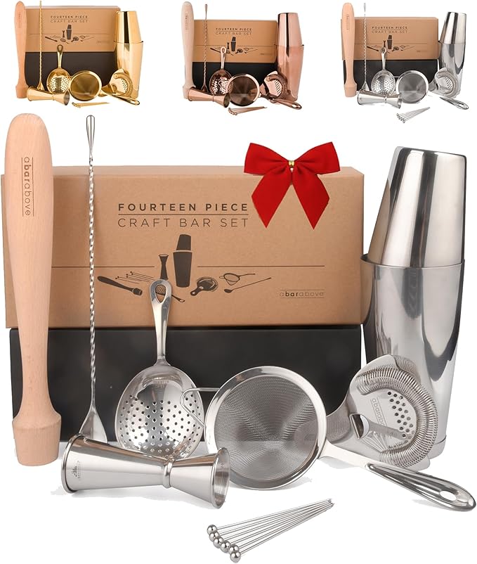 A Bar Above 14-Piece Stainless Steel Bartender Kit, Premium Professional Barware Set for Home Bars and Mixologists, Includes Cocktail Shaker, Jigger, Spoon, Strainers, Muddler, Picks, and More ABarAbove
