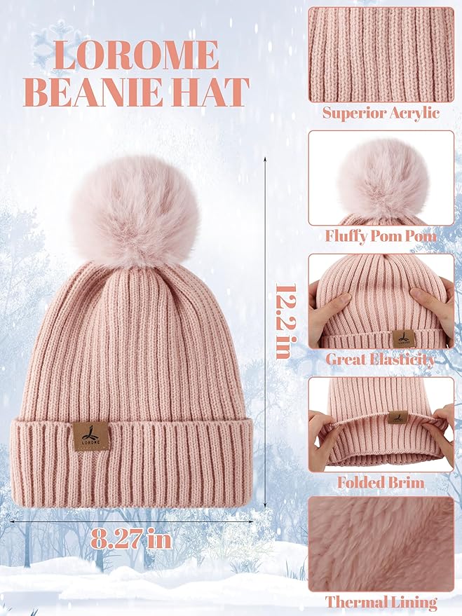 LOROME Women Winter Beanie Hat Scarf Gloves Set, Fleece Knitted Pompom Hat Warm Neck Scarf Touchscreen Gloves Winter Gift LOROME