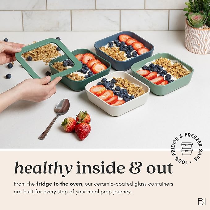 Ceramic Coated Glass Food Storage Container | No PTFE, PFOA, PFAS, and BPA | Reusable Non Toxic Meal Prep Container with Glass Lid | Easy To Store | 6 Piece Food Prep [Willow] BrivaraHome